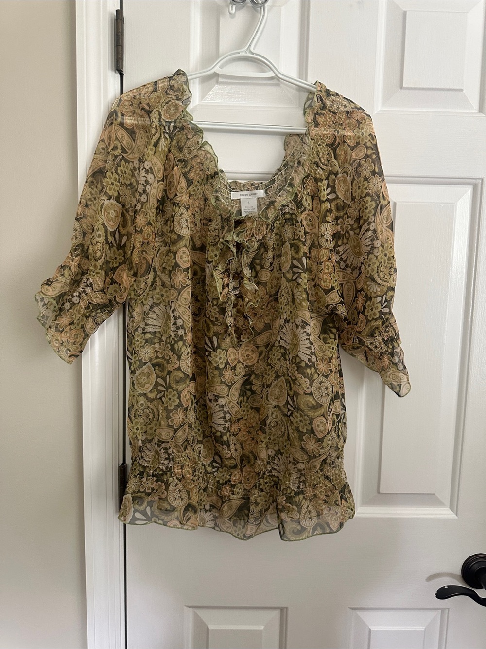 Paisley Ruffle Sheer Blouse in Olive Green